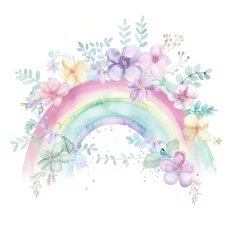 Foto arco iris de acuarela con decoraciones florales aisladas en blanco concepto de esperanza positividad y belleza de la naturaleza