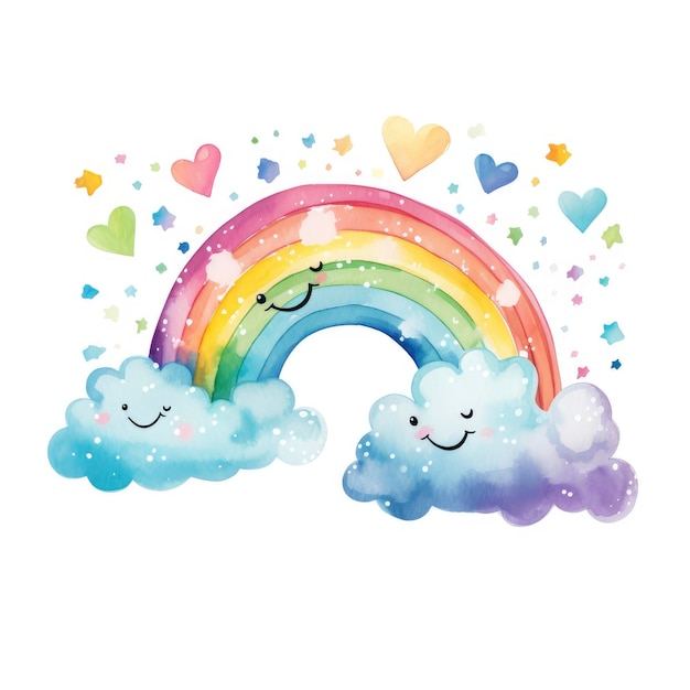 Foto el arco iris alegre con nubes coloridas clipart de acuarela