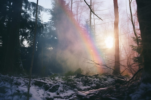 Un arco iris apareciendo sobre un bosque nevado