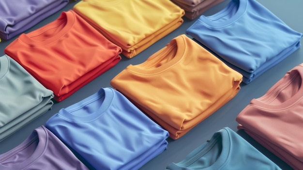 Arco iris bien organizado de camisetas plegadas en una superficie lisa
