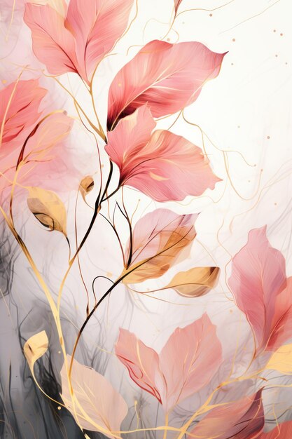 Foto arco-íris botânico abstrato com galhos e folhas de árvores em arte de linha pinc e folha dourada pincel de linha salpico de pintura ar 23 v 52 job id 4425f85143c64da6b257d739d97cc89e