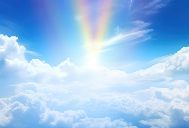 un arco iris brilla sobre las nubes en el cielo al estilo de un azul claro y blanco