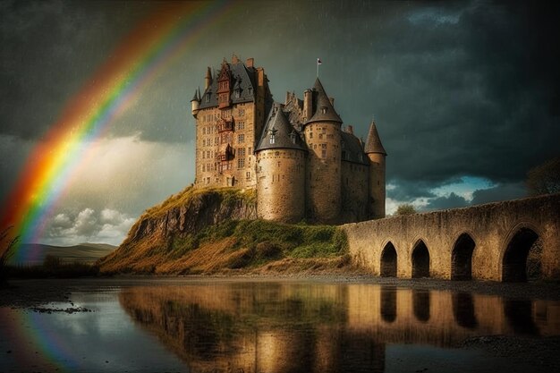 Arco iris brillando en el castillo de la ciudad medieval