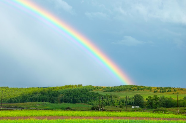 Un arco iris brillante en el cielo azul Paisaje de verano