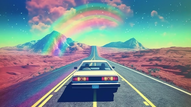 Arco iris brillante con coche en la carretera en el espacio Estilo retro Generativo ai