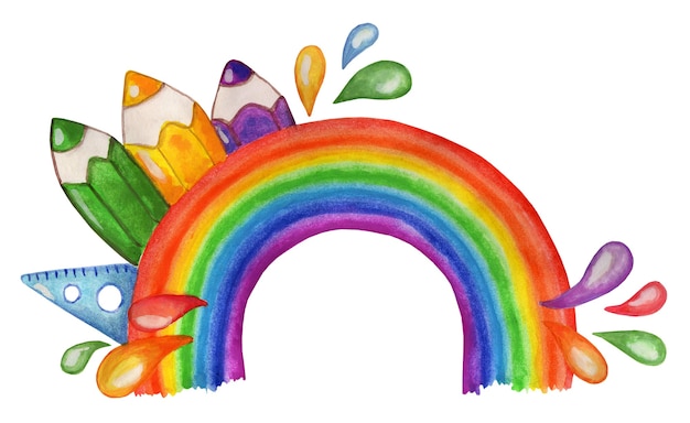 arco iris brillante con útiles escolares lápices de arco iris regla ilustración de la escuela para niños aislado