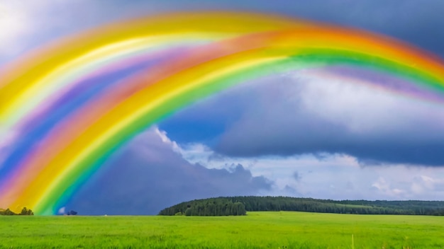 un arco iris en un campo verde con un arcoíris en el fondo