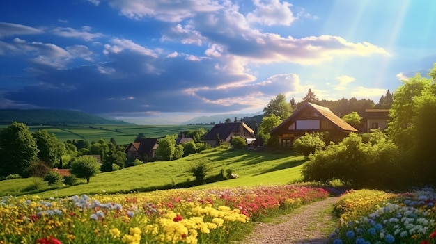 Arco iris en el cielo campo pueblo flores en el jardín en el horizonte casa de pueblo cabaña y colinas