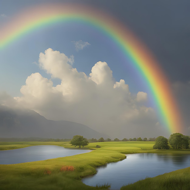 Foto un arco iris está en el cielo sobre un campo de hierba