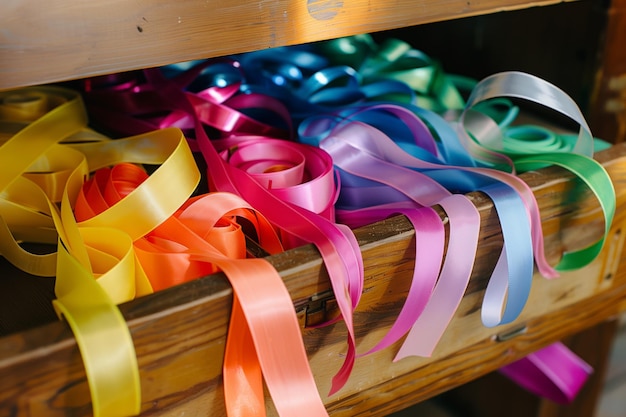Foto arco iris de cintas enrolladas en el cajón de coser