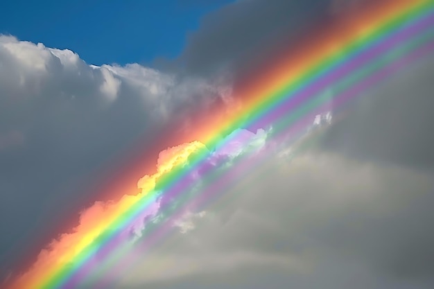 Un arco iris colorido con un cielo azul y nubes en el fondo