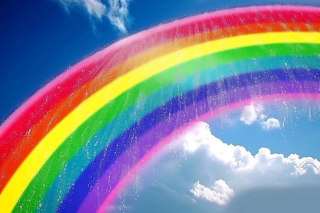 Un arco iris colorido con un cielo azul y nubes en el fondo