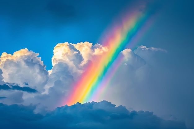 Un arco iris colorido con un cielo azul y nubes en el fondo