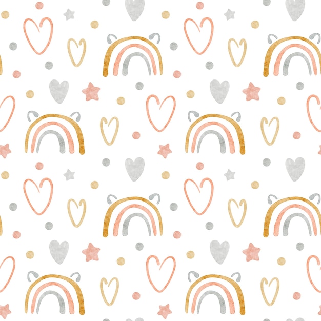 Arco iris y corazones en patrón de acuarela pastel estrellas y puntos lindos perfectos para la guardería de bebés