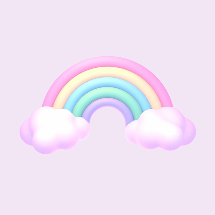 Foto arco-íris de desenho animado 3d com objetos de nuvens em fundo roxo pálido