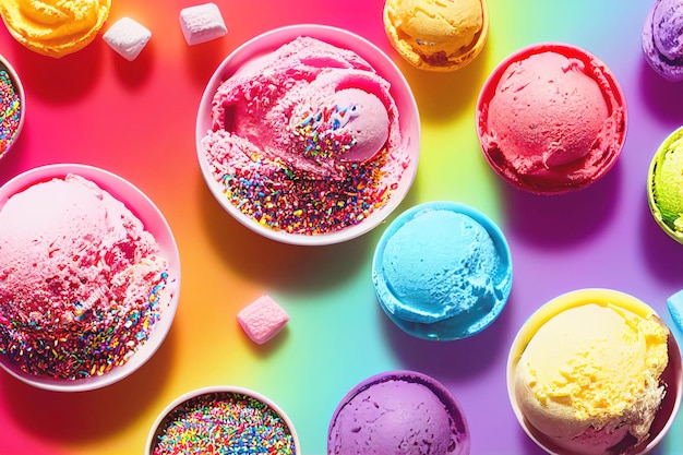 Arco-íris de sorvete colorido com cobertura para fundo de comida