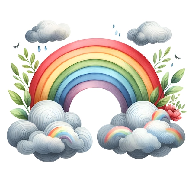 Arco iris dibujado a mano en acuarela y nubes aisladas en una ilustración de fondo blanco