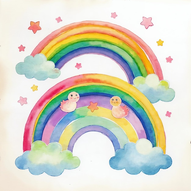 Arco iris doble con nubes, estrellas y patos bonitos