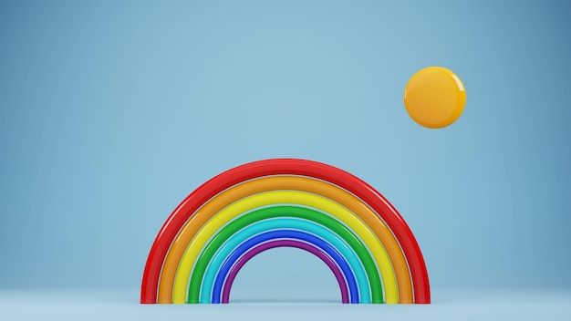 arco-íris dos desenhos animados com renderização 3d do sol