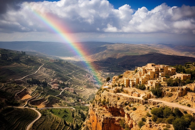 Un arco iris enmarcando una pintoresca escena del pueblo