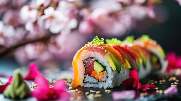 El arco iris se enrosca contra el fondo de un árbol de cerezas en flor de sakura