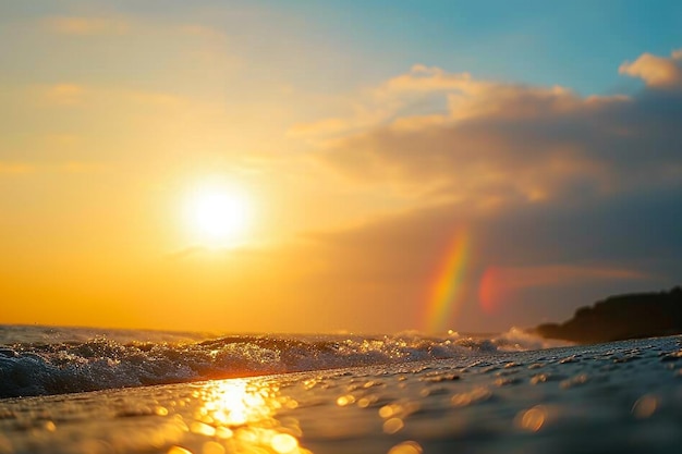 un arco iris está en el cielo sobre el océano