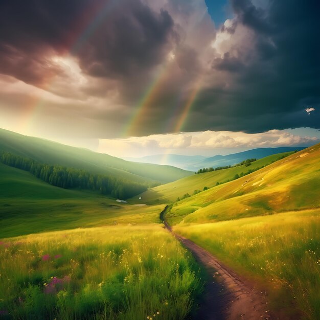 Un arco iris está sobre las verdes colinas y el camino