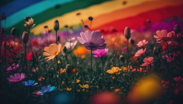 Un arco iris de flores en un campo.