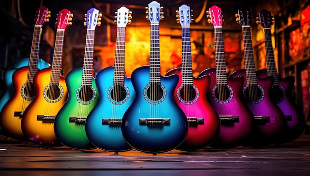 Foto un arco iris de guitarras en un almacén un colorido conjunto perfecto para los amantes de la música y los entusiastas de la guitarra