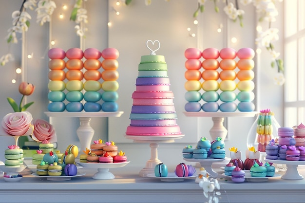 Un arco iris de macarrones en una mesa de postres