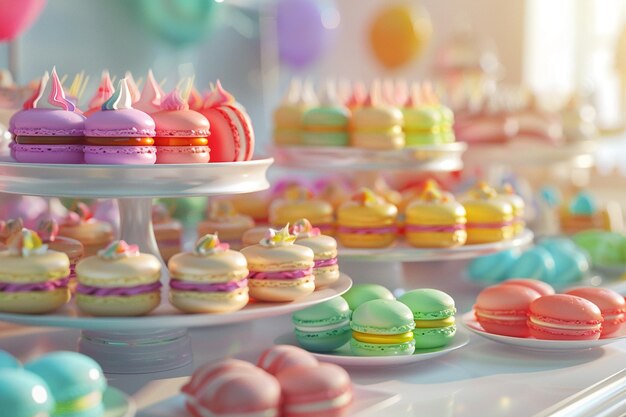 Un arco iris de macarrones en una mesa de postres