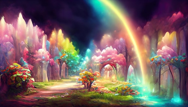 Arco iris mágico en el bosque de cuento de hadas como fondo de pantalla de fantasía