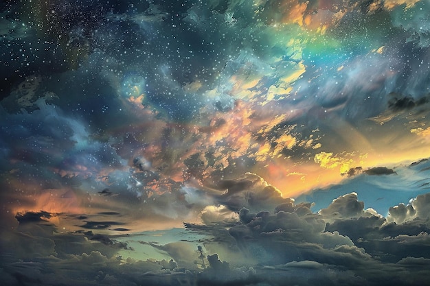 Arco-íris majestoso em meio a nuvens vibrantes Céu sonhador e etéreo com horizonte colorido