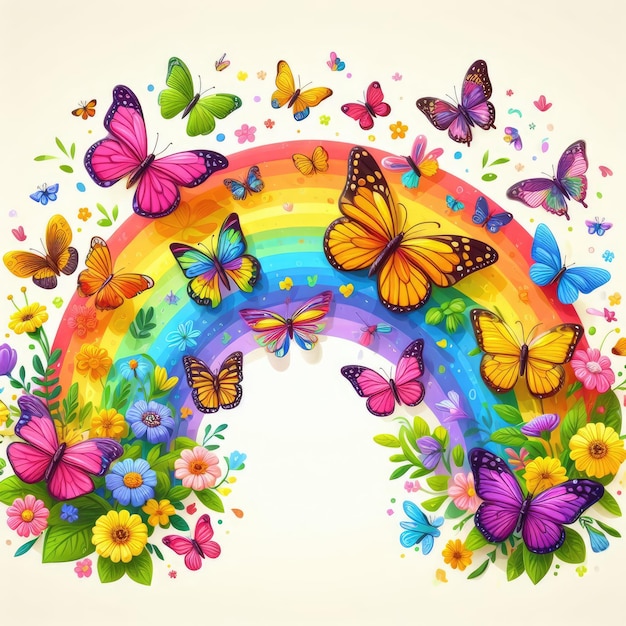 Foto un arco iris de mariposas con flores alas y colores