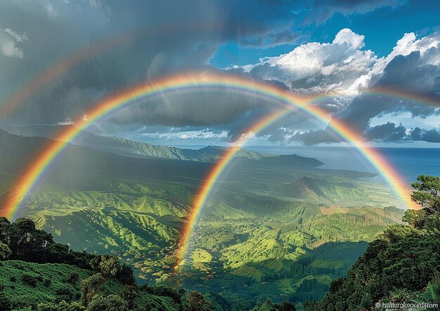 Foto un arco iris se muestra en el cielo sobre una montaña