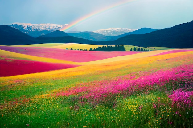 Arco-íris nas montanhas acima do prado Paisagem com flores de verão Tempo ensolarado