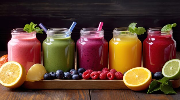 El arco iris de la naturaleza en un vaso Coloridos batidos de frutas, verduras y limón