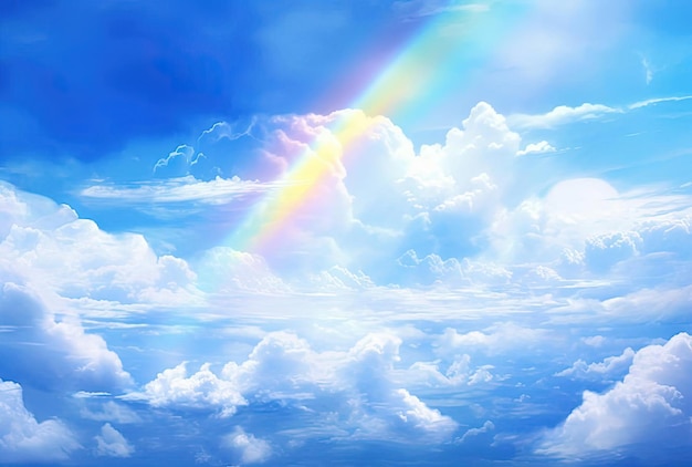 un arco iris con nubes arriba al estilo de un cielo azul claro y blanco