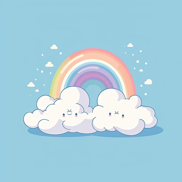 un arco iris con nubes en el cielo azul al estilo kawaii chic