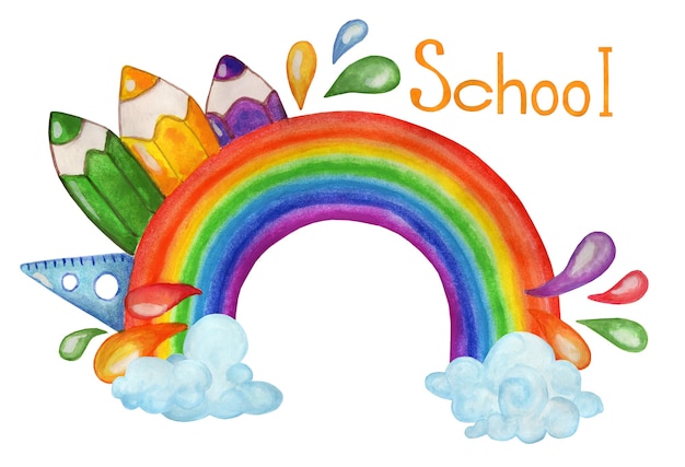 Arco iris con nubes lápices y la inscripción escuela Ilustración infantil Handdrawn