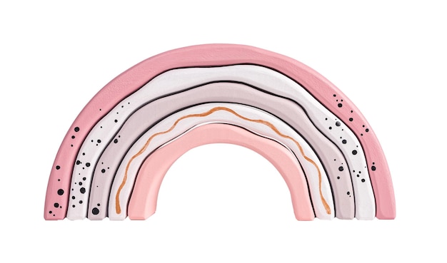 Arco-íris pastel isolado em fundo branco Conceito de sonho de infância Brinquedo de empilhamento de madeira de arcos para crianças