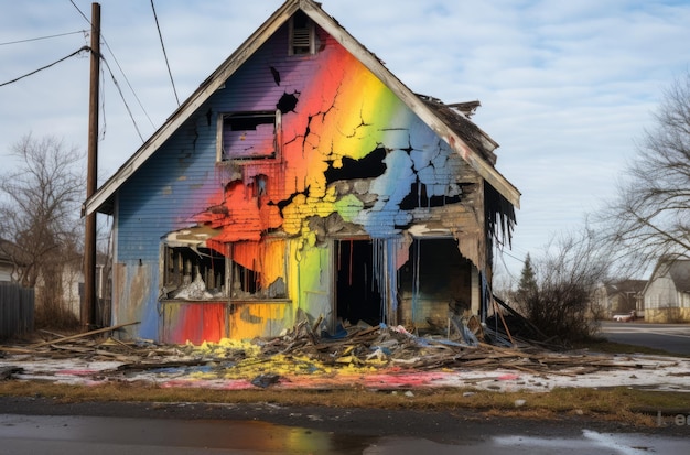 Arco iris pintado en casa en ruinas