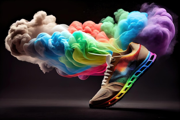 Foto arco iris pulsante de humo de zapatillas mágicas que llenan la calle de color y luz