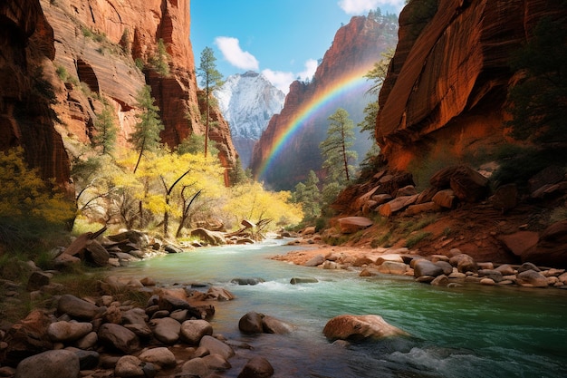 Foto el arco iris que abarca un majestuoso cañón