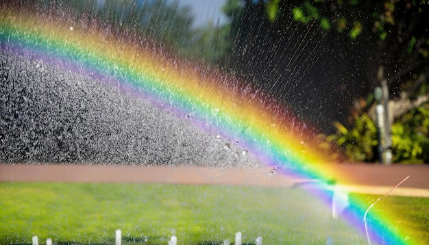Un arco iris que aparece en una corriente de agua de rociador