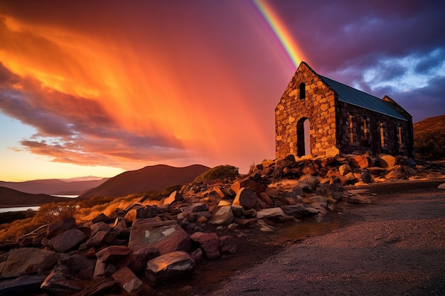 Un arco iris que aparece sobre una iglesia rural al atardecer