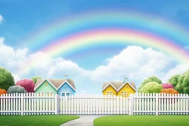 arco iris realista en la cima de una colina con una valla y nubes al estilo de fondos minimalistas