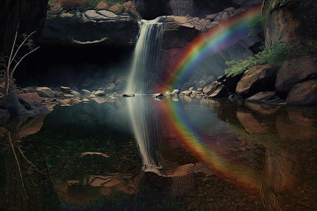 Arco iris reflejado en el agua de una cascada pacífica