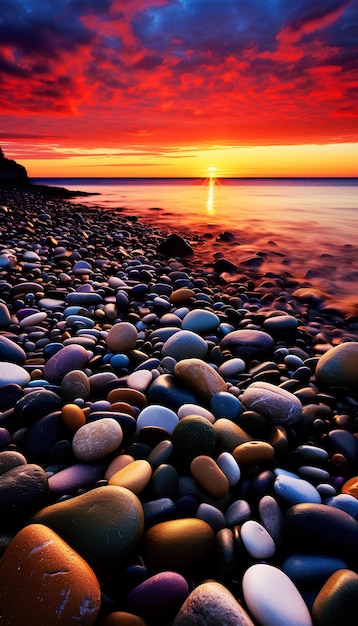 El arco iris de rocas en una playa al atardecer se genera