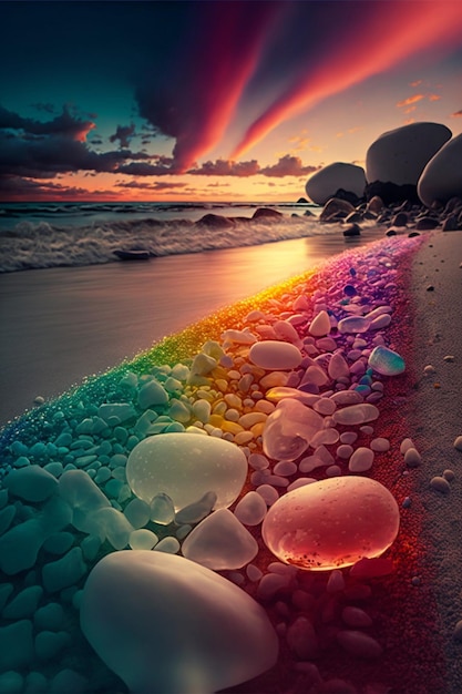 Arco iris de rocas en una playa al atardecer generativo ai